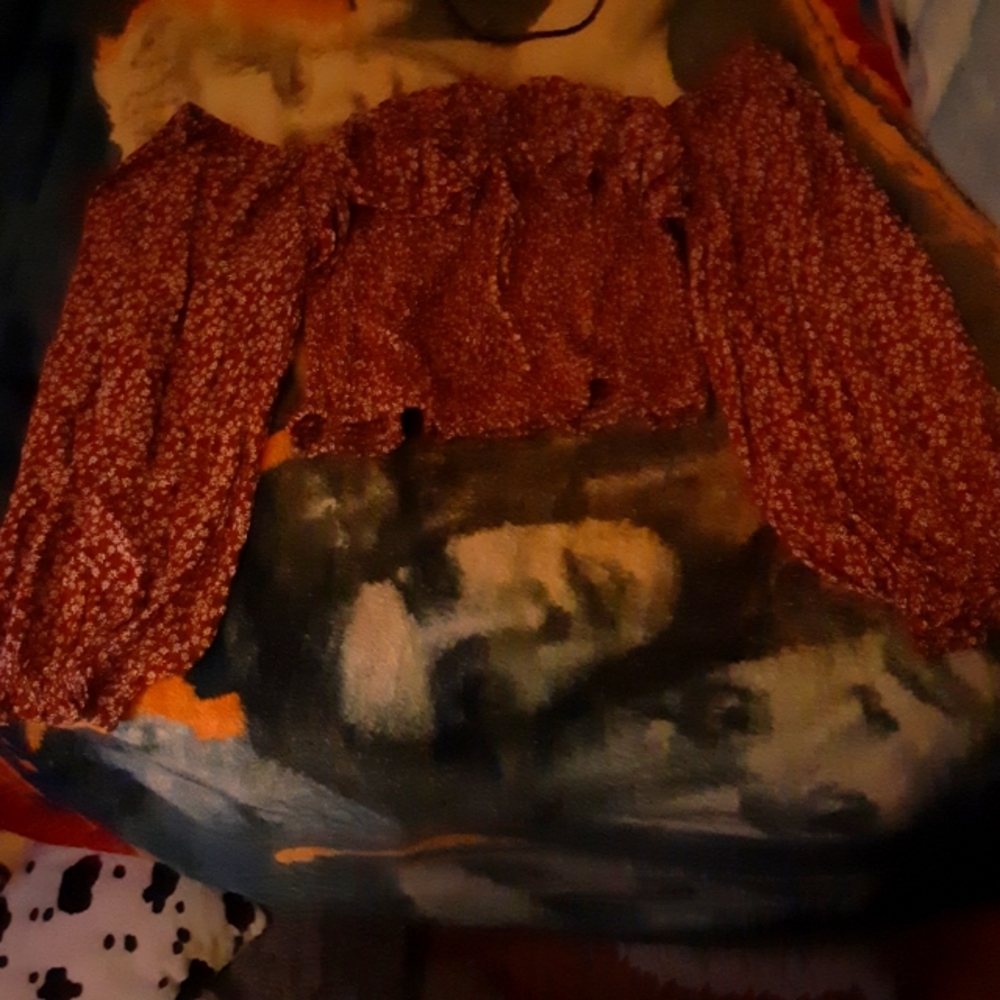 It's a burgundy crop top the brand is Indigo Rising, and the size is XL